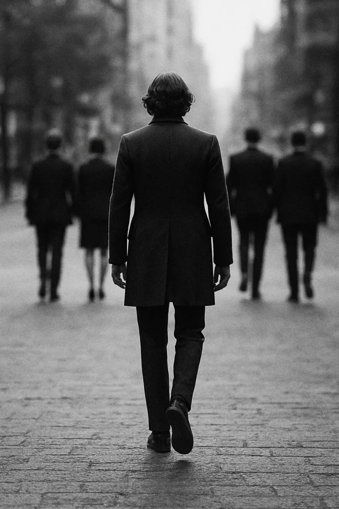 A solitary, elegantly dressed figure walks away from a conforming crowd, symbolizing the peril of a good example and the triumph of individualism in a bustling city.