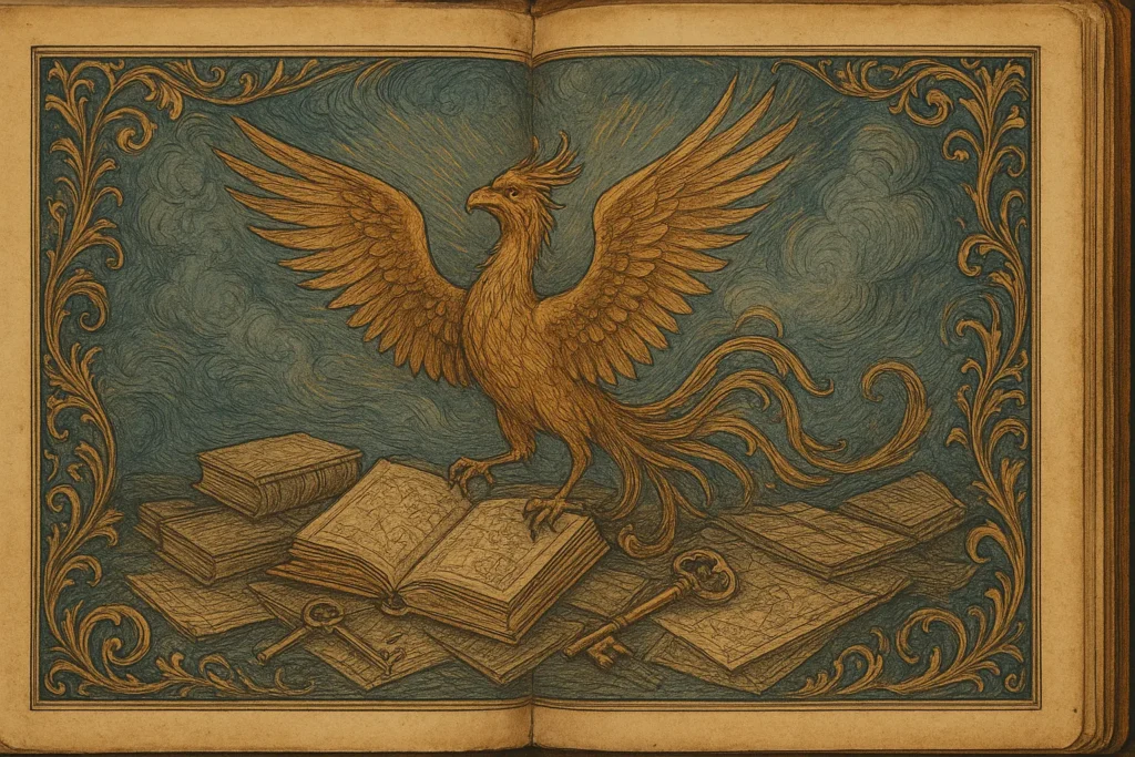 A mythological phoenix rises from a bed of mundane objects like ledgers and maps, symbolizing the tedium of experience and the triumph of imagination over reality.