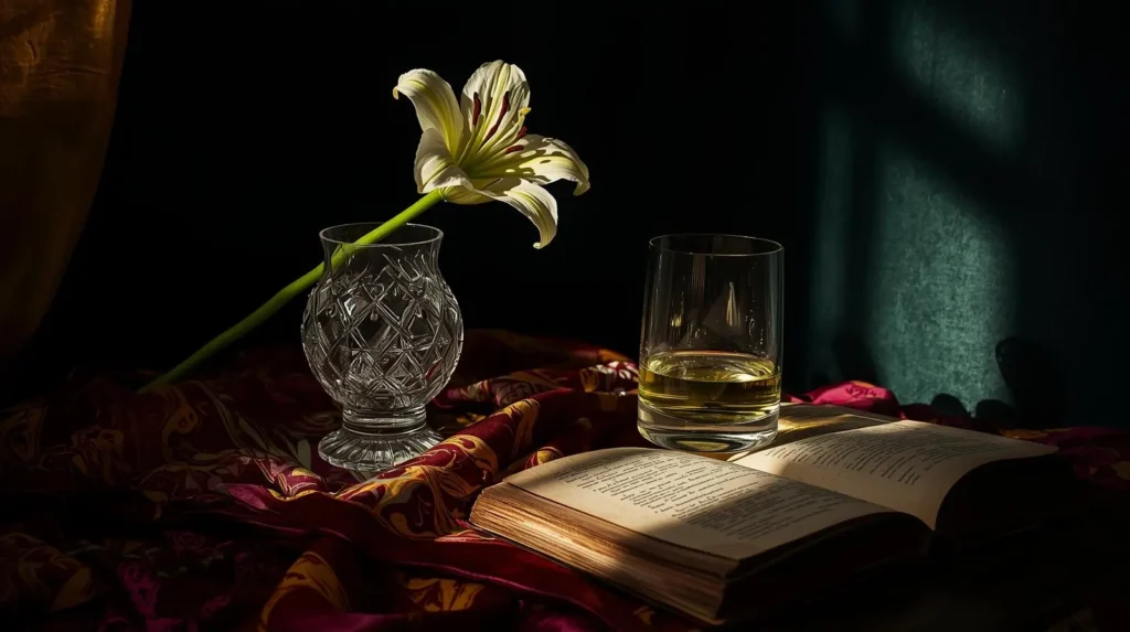 A still life photograph of useless but beautiful objects—a lily, absinthe, and a silk scarf—capturing the essence of the dangers of a useful life and the triumph of uselessness.